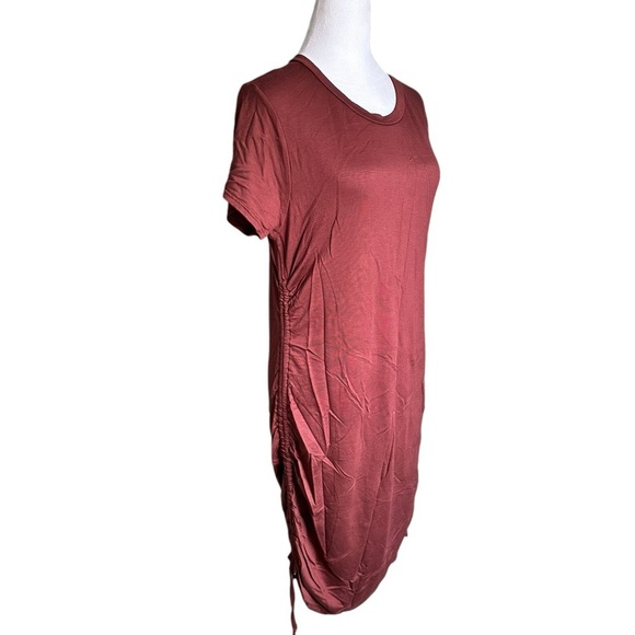 Ava Sam Rusty Orange Red Ruched Midi Dress Size L - Picture 3 of 17